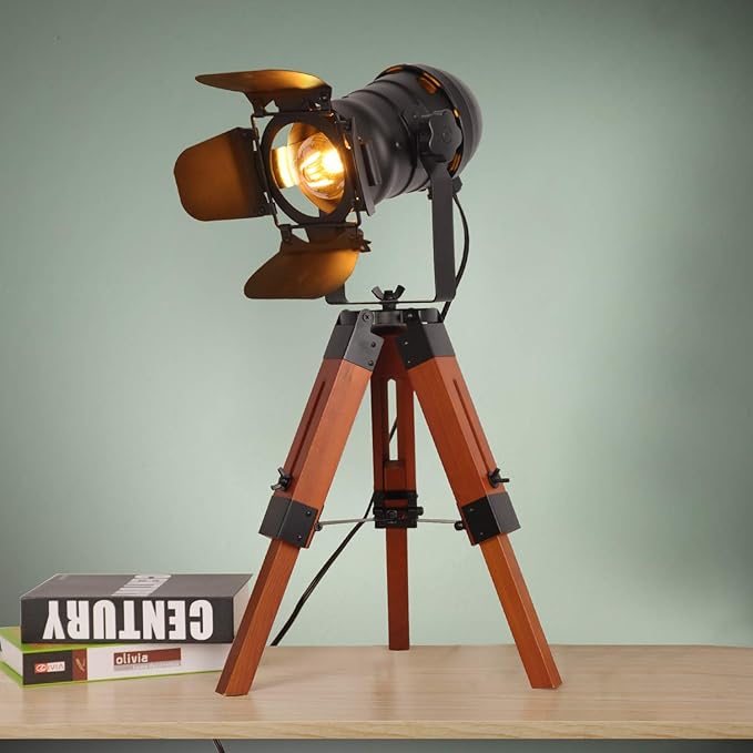 Vintage Adjustable Wood Tripod Floor Lamp for Living Room, Camera Small