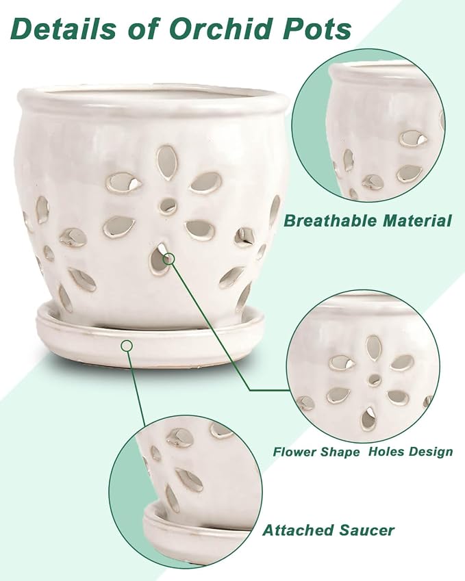 vensovo 5 Inch Ceramic Orchid Pot with Holes and Saucer, White