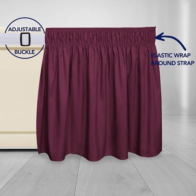 PureFit Wrap Around Ruffled Bed Skirt, Wine, Twin/Full - 22" Drop | Wrinkle Free Bedskirt Dust Ruffles, Easy to Put On Frame Cover with Adjustable Elastic Belt