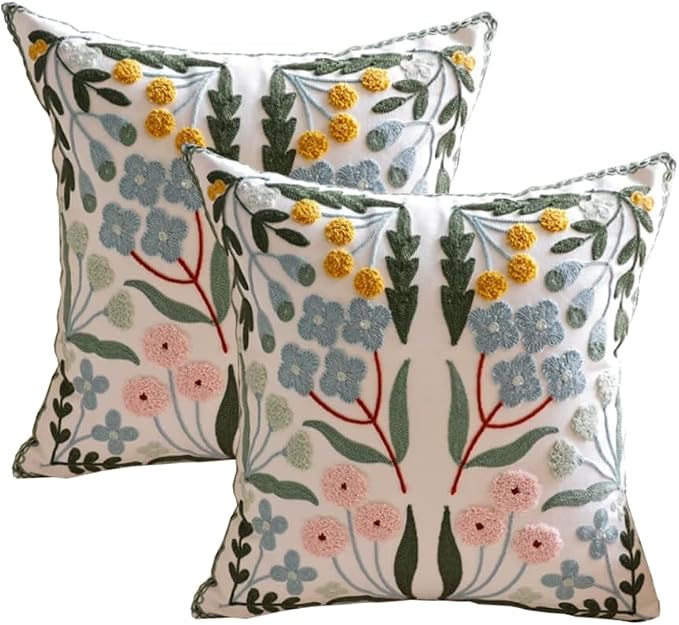 YIcabinet Pack of 2 Throw Pillow Covers,Little Daisy Embroidered Pillow Case Soft Decorative Pillowcases for Home Sofa Couch 18x18 Inch