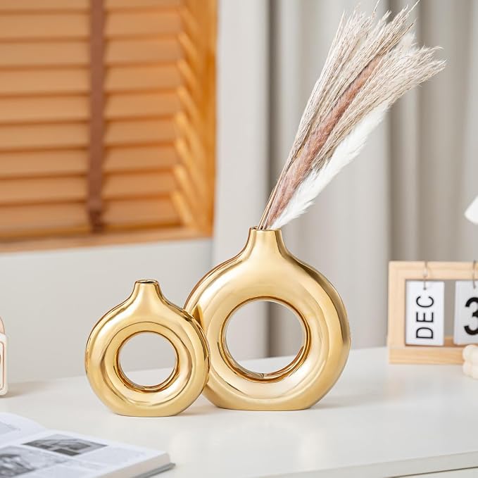 White and Gold Donut Vase, Modern Ceramic Vase for Pampas Grass, Perfect Centerpiece for Weddings, Living Room, and Office Decor (Full Gold, S)