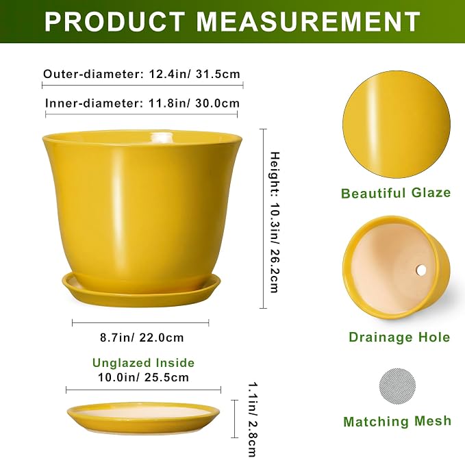 12 Inch Plant Pot - Ceramic Plant Pots with Drainage Hole and Saucer, Large Round Planter for Indoor Outdoor, Modern Flower Pot, Decorative Planters, Home Garden Decor, Garden Gifts, Yellow