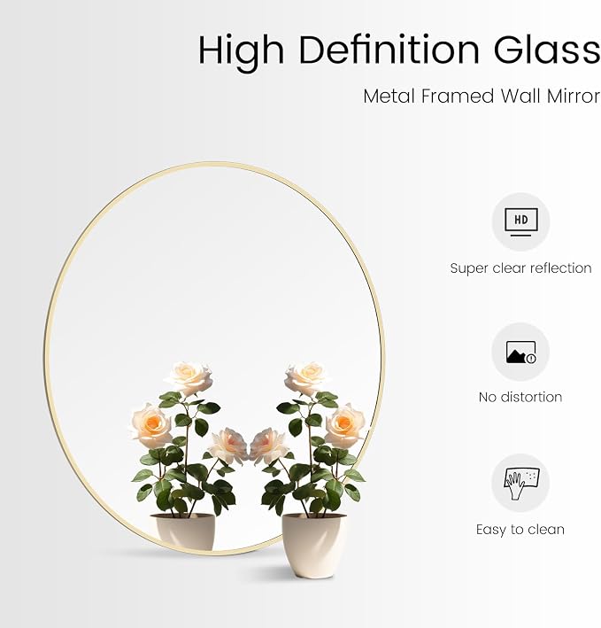 28 inch Round Mirror Gold Large Circle Wall Mirror for Bathroom with Metal Framed, Round Wall Mirror for Wall Decor, Vanity, Entryway Living Room
