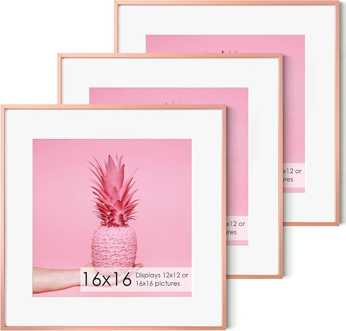 16x16 Metal Picture Frame with 12x12 Mat, Brushed Aluminum Finish, Tempered Glass Front, and Attached Hanging Hardware - Versatile Wall Display Frames for Vertical or Horizontal Orientation(Gold, Pack