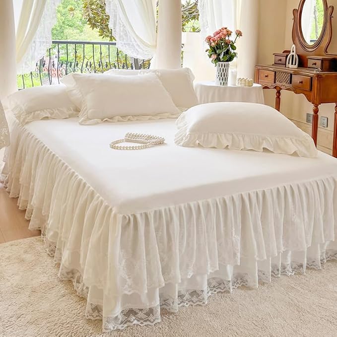 Lace Bed Skirt & Bedsheet Queen Size - 17 in. Drop, Easy Fit Ruffled Bedskirt Wrap Around Bedcover, Anti Wrinkle & Fade