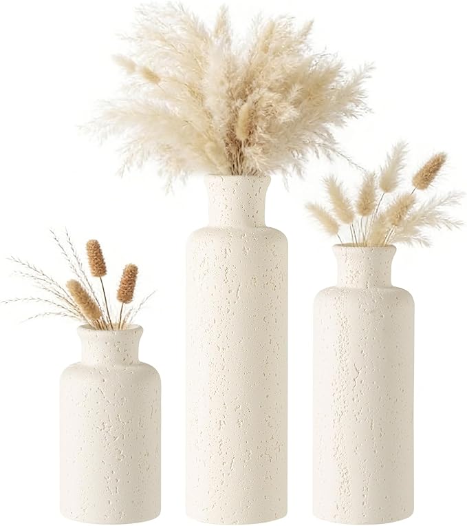 Flower Vase Set, Travertine Stone Look, 3 PCS Bud Vases, White | Small, Farmhouse, for Pampas Grass, Kitchen, Living Room, Bathroom, Bedroom, Office, Shelf Centerpiece Table Decoration
