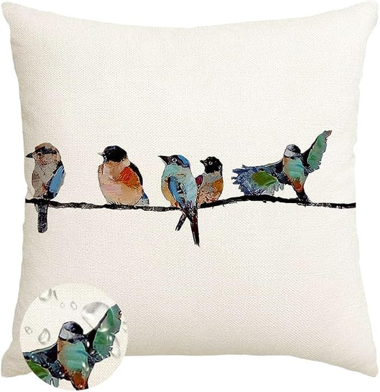RABUSOFA Outdoor Pillow Covers 22x22 Inch,Outdoor Bird Lumbar Throw Pillow Cases Small Decorative Pillows for Couch Patio Furniture Polyester Linen Teal Blue Waterproof