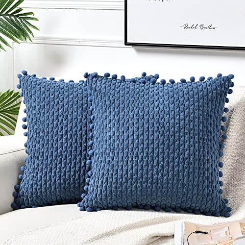 Fancy Homi Set of 2 Dusty Blue Decorative Throw Pillow Covers 20x20 Inch with Pom-poms for Couch Bed Sofa, Rustic Farmhouse Boho Home Decor, Soft Plush Corduroy Cute Cushion Case 50x50 cm