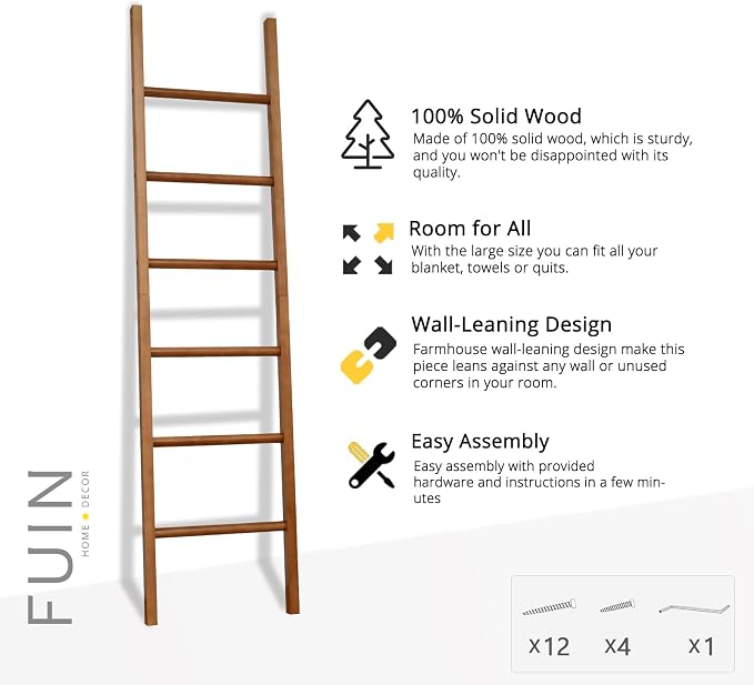FUIN Blanket Ladder, 6ft Rustic Solid Wood Rectangle Decor Rack, Natural | 6 rungs, farmhouse quilt display holder, organize towel and clothing, leaning wall, decorative living room and bathroom