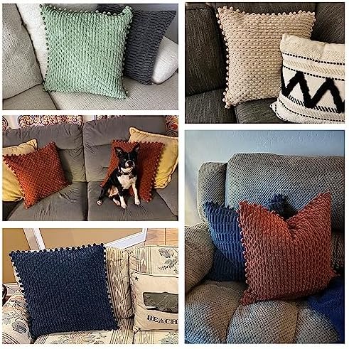 Fancy Homi Set of 2 Rust Decorative Throw Pillow Covers 18x18 Inch with Pom-poms for Couch Bed Sofa, Modern Farmhouse Boho Home Decor, Soft Plush Corduroy Terracotta Cushion Case 45x45 cm