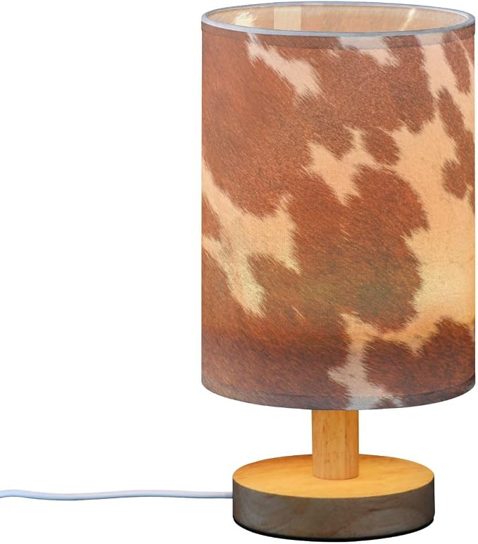 Bedside Table Lamp White Brown Cow Print Nightstand Lamp with Wood Animal Skin Desk Lamps for Bedroom Living Room Nursery Office Home Decor