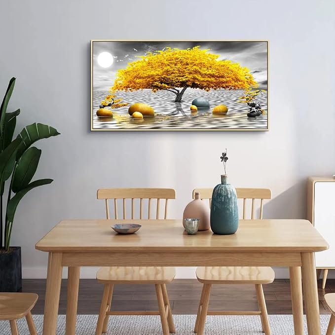 Framed Canvas Wall Art For Living Room Large size Boho Wall Decor For Bedroom Black And White Wall Pictures Yellow Tree wall Painting Office Wall Decor Home Decoration Natural Wood Framed 20" X 40"