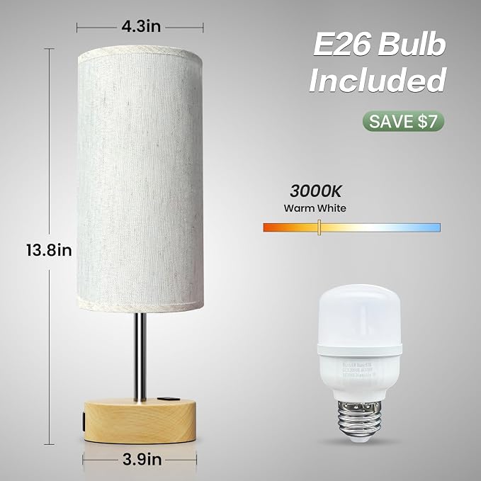 KPQ Bedside Lamp Touch Control Table Lamp with USB A+C Charging Ports & AC Outlet 3-Way Dimmable Nightstand Lamp with Linen Fabric Shade (Beige Shade-Wood Base, 14" Small Size Touch Control)