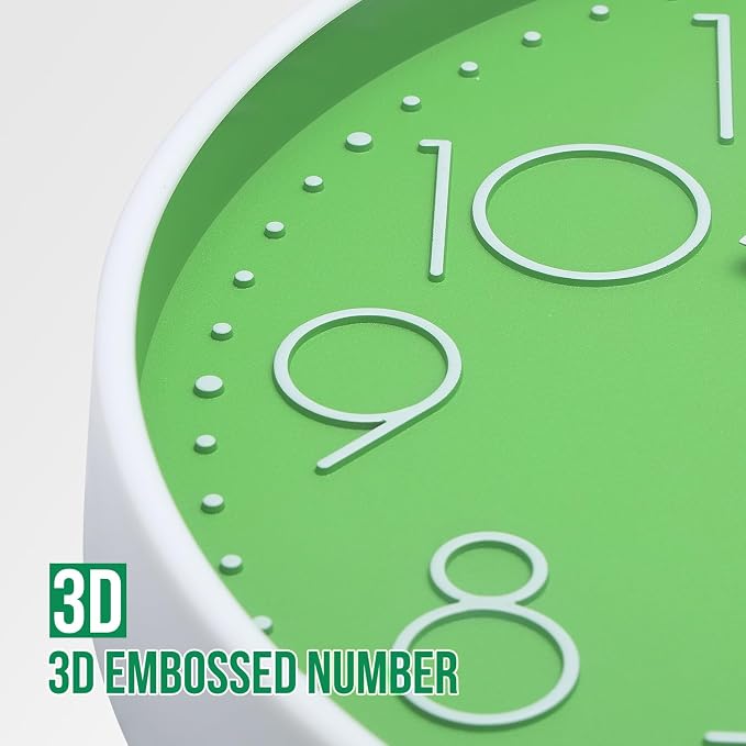 Wall Clock 12 Inch Non-Ticking Silent Modern Simple Style Round Decor Clock Green Stereoscopic Dial Quartz Wall Clocks for Home/Office/School/Living Room/Bedroom/Kitchen