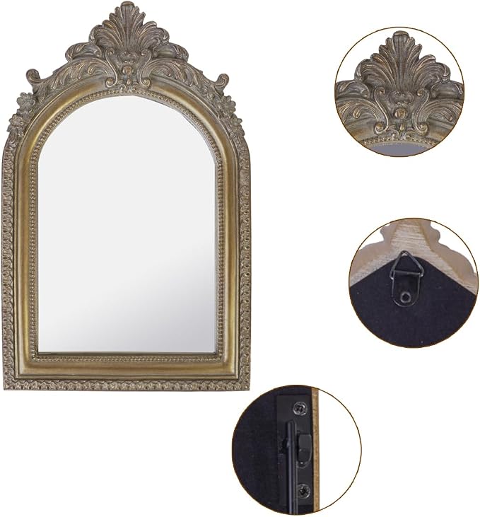 Bronze Vintage Vanity Desk Makeup Mirror Antique Decorative Wall Mirror,Resin Carved Arched Mirror for Living Room,Bedroom Dresser,Home Decor ﻿ (Medium)