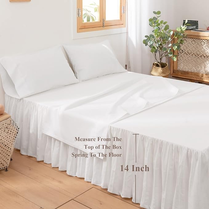BISELINA French Linen Bed Skirt with Pleated Frills 14-Inch Tailored Drop Natural Flax Cotton Blend Dust Ruffle Soft Cozy Farmhouse Bedding (14" Twin, White)
