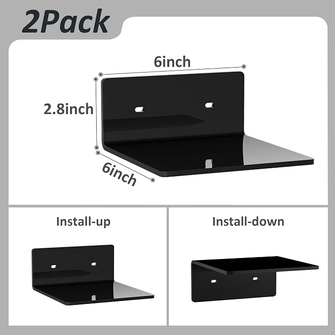 Sezanrpt 6 Inches Acrylic Small Wall Shelves 2 Pack, Floating Shelf for Wall Mounting, Acrylic Display Ledges for Funko Pop Figures, Home Décor, Living Room, Gaming Room, Plants(6 inch, Black)