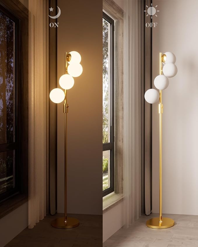 Mid Century Modern 4 Globe Gold Floor Lamp, Dimmable Standing Lamp with 3000K Warm White Bulbs Included, Tall Ambient Floor Lamp for Living Room Bedroom Home Office Sofa Beside Corner Decor
