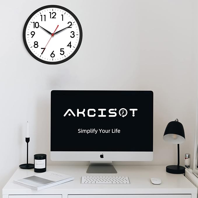 AKCISOT 12 Inch Wall Clock, Silent Battery Operated Analog Clock, Black | Office | Kitchen | Living Room | Classroom | Easy-to-read Numbers