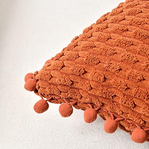 Fancy Homi Set of 2 Rust Decorative Throw Pillow Covers 18x18 Inch with Pom-poms for Couch Bed Sofa, Modern Farmhouse Boho Home Decor, Soft Plush Corduroy Terracotta Cushion Case 45x45 cm