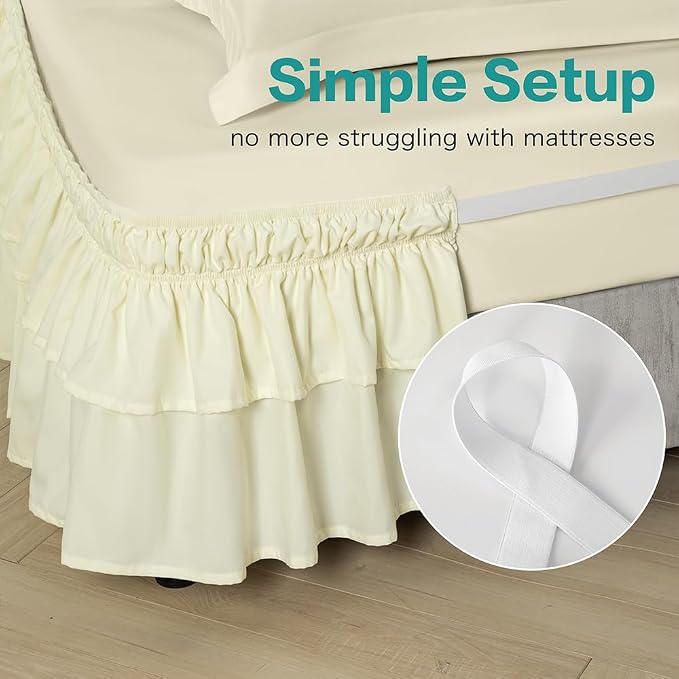 Double-Layered Ruffled Bed Skirt,Beige,Twin/Twin XL, 14" Drop | Wrap Around, Adjustable Elastic, 2 Layer, Machine Washable Soft Fabric, Multi Ruffle Bedskirt