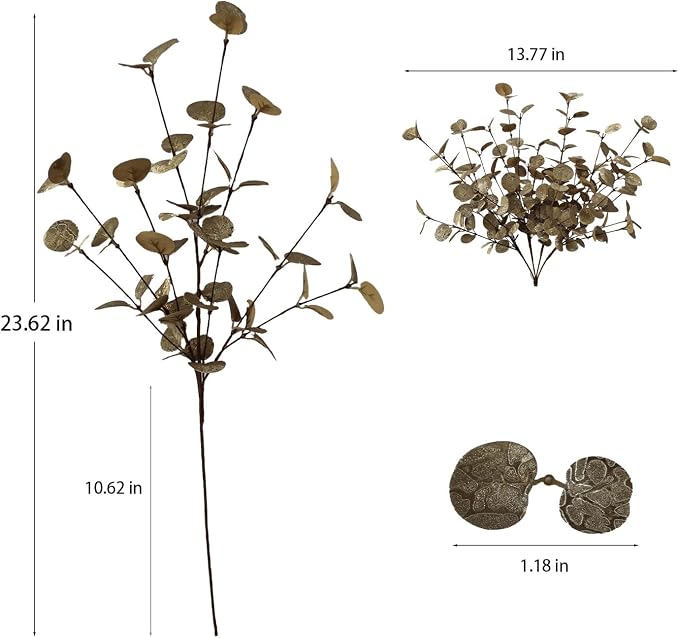 4PCS 24" Champagne Metallic Artificial Eucalyptus Stems – Real Touch Faux Eucalyptus for Vase Decoration, Living Room, Christmas & Holiday Home Decor