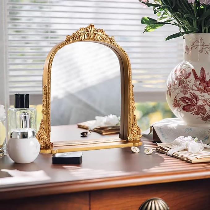 SIKOO 8x10 Inch Arched Vintage Mirror with Shelf, Decorative Wall Art for Home, Resin and Premium Glass, Bronze Gold
