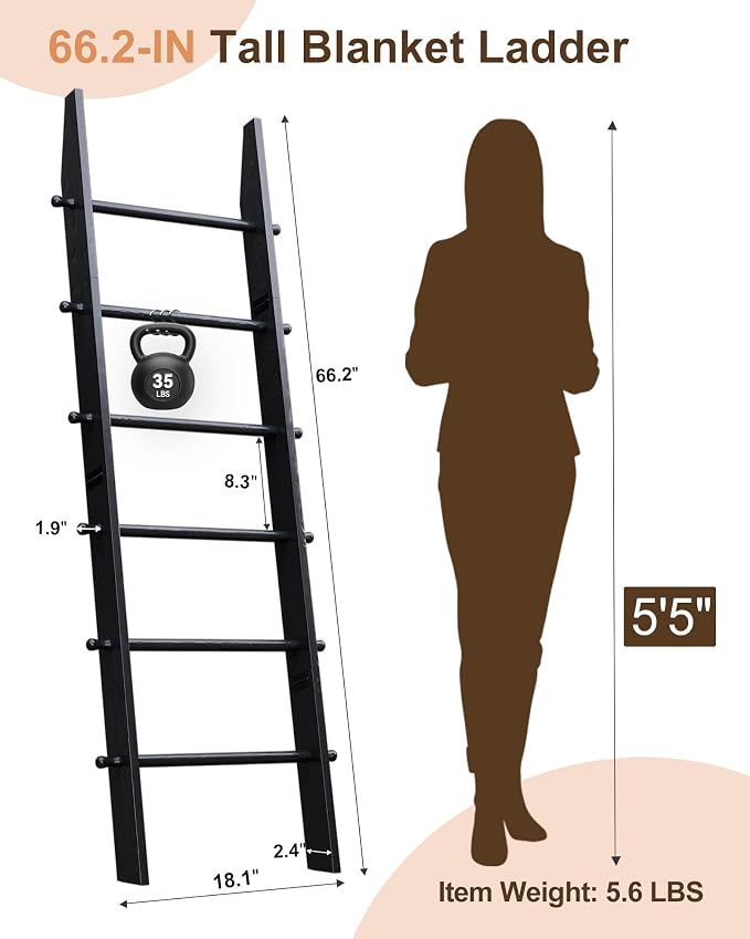 TEAKMAMA 6-Tier 5.4ft Blanket Ladder with Hanging Knobs Black | Farmhouse Wall Leaning Solid Wood Scratch & Slip Proof Quilt Rack, Living Room Bedroom Bathroom, Xmas Deco, Easy Setup