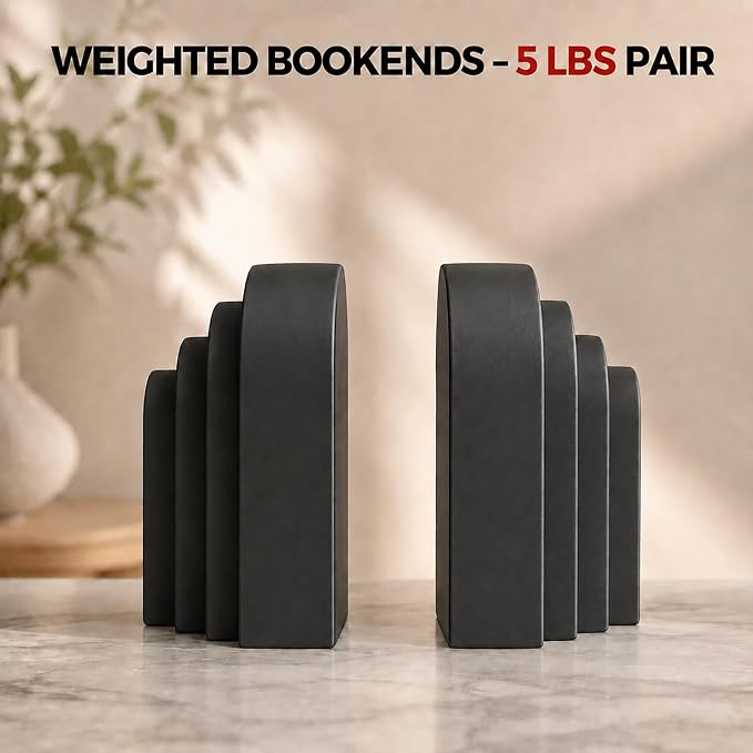 Book Ends for Heavy Books, Resin Decorative bookends, Heavy Duty Bookend for Shelves, Book Stopper for Shelves, Modern Home Decor Aesthetic Book Ends, Layered Arch Design Set of 2(Matte Black)
