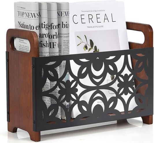 Magazine Holder,Oak Wood Magazine Rack Floor,Lotus Pattern | Rustic Magazine File Holder Organizer,Decorative Magazines Storage Basket for Books,Newspapers,Mails,Files