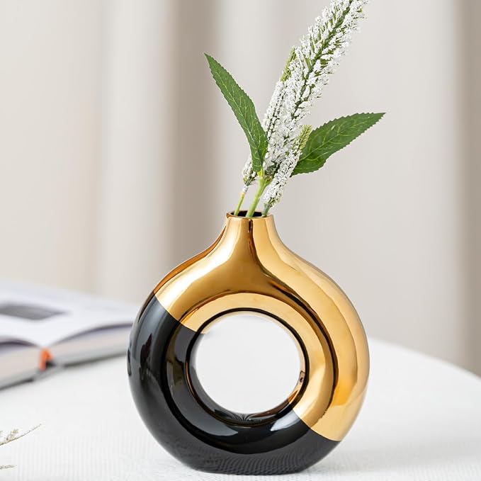 White and Gold Donut Vase, Modern Ceramic Vase for Pampas Grass, Perfect Centerpiece for Weddings, Living Room, and Office Decor (Black Gold, L)