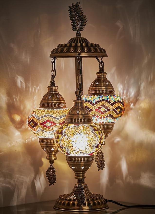 DEMMEX 3-Globe Turkish Moroccan Table Lamp, Tiffany Mosaic Glass Bedside Night Light, Handmade Colorful Mosaic Glass Globes & Antique Brass Finish Base, 21" H, Brown & Amber