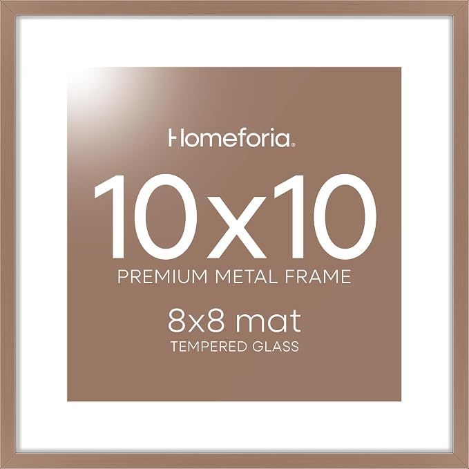 Homeforia 10x10 Mocha Picture Frame, High-End Metal, 8x8 Mat, Glass