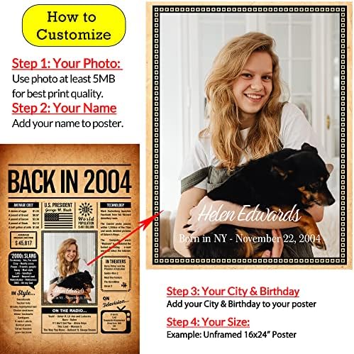 Back in 2004 Poster Sign, Personalized Birthday Gifts Idea, Custom 2004 Historical Birthday Newspaper, Born in 2004 Birthday Party Decorations, Fun Fact for the Day You Were Born, Decor Art Print