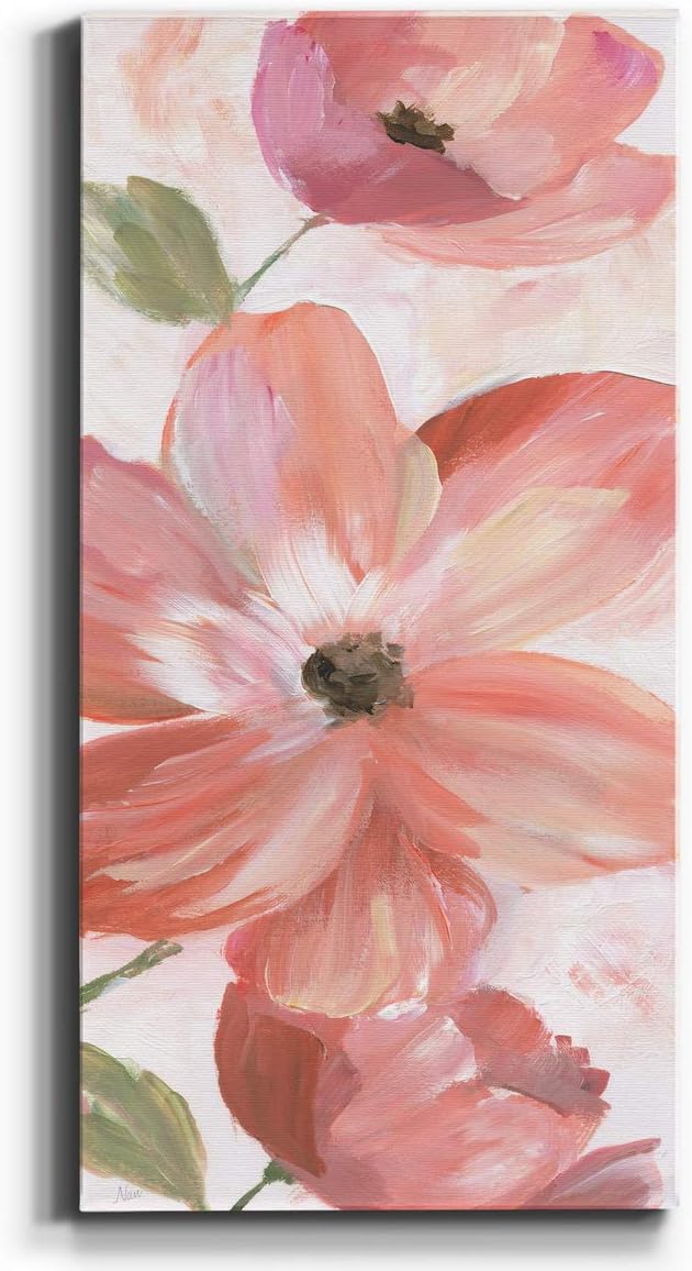 Renditions Gallery Canvas Floral Wall Art Home Paintings & Prints Pink Blooming Flowers Glam Modern Botanical Vibrant Decorations Artwork for Bedroom Office Kitchen - 8"x16" LT43
