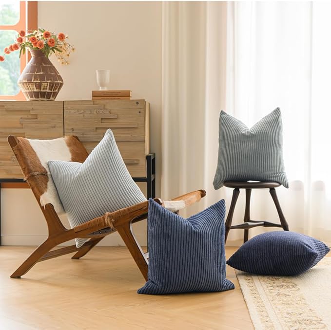 LANANAS Decorative Corduroy Throw Pillow Covers 18x18 Inch Blue Ocean | Set of 4 Neutral Couch Farmhouse Boho Throw Pillows for Living Room, Couch, Bed, Sofa Soft Accent Home Decor