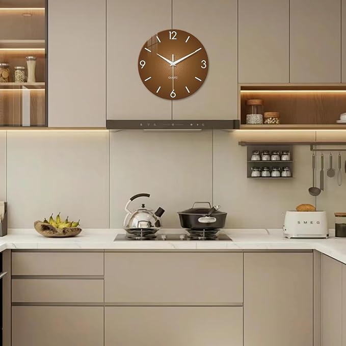 XFM Brown Glass Wall Clock 12 Inch Modern Silent | Non-Ticking Battery Operated Simple Analog Minimalist Decorative for Living Room Kitchen Home Office