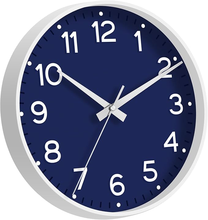 Roymnie 10 Inch Wall Clock Battery Operated Silent Non Ticking Analog | Navy Blue modern analog; large 3D easy-read dial for kitchen, office, bathroom & bedroom; 1 AA battery (not included)