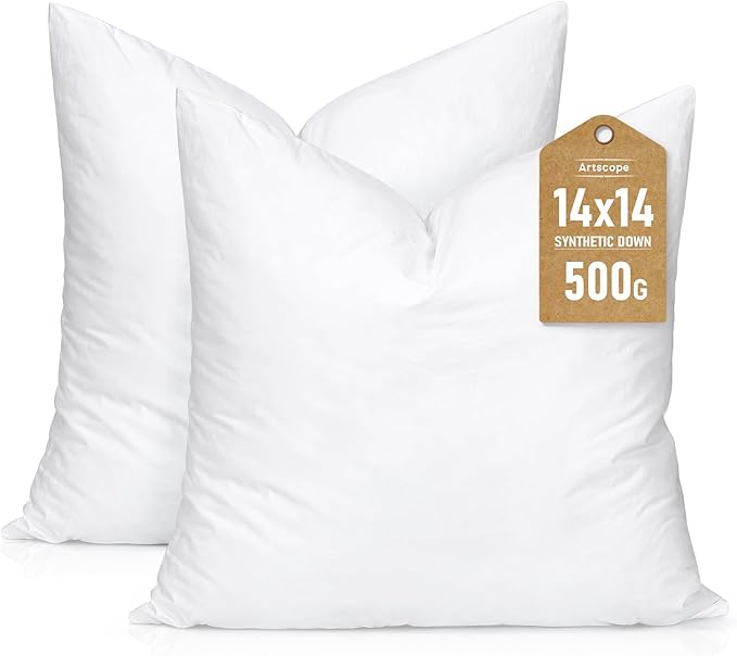 Artscope Synthetic Down Pillow Insert, 14x14 Throw Pillow Inserts Set of 2 | Down Alternative Ultra Soft Fluffy Sleeping Pillow, 100% Cotton Cover, Decorative Pillows-White