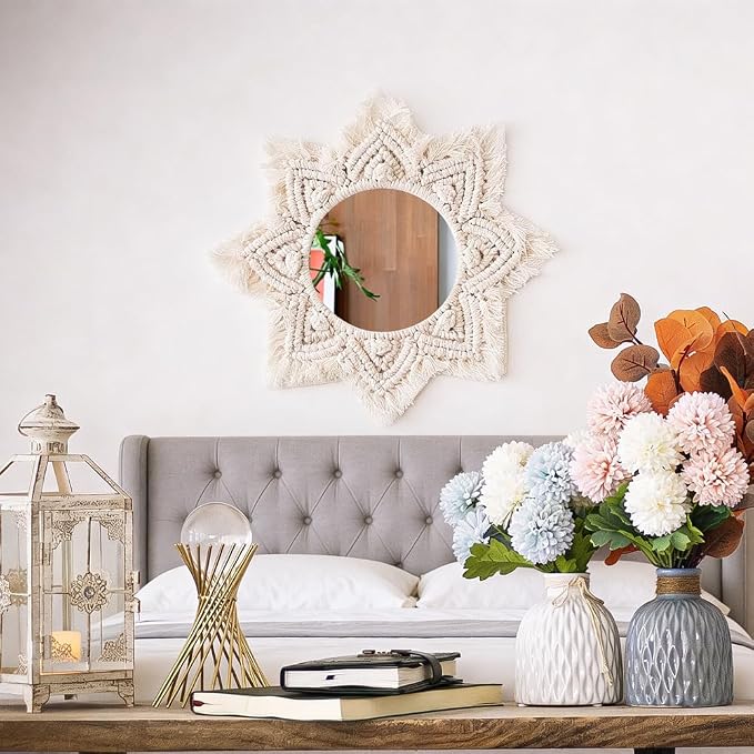 TENEWEE Small Macrame Boho Round Wall Mirror for Apartment & Rental Home | Handmade cotton, HD glass, easy hanging for entryway, dorm, bath & bedroom; farmhouse cottagecore wall small spaces decor