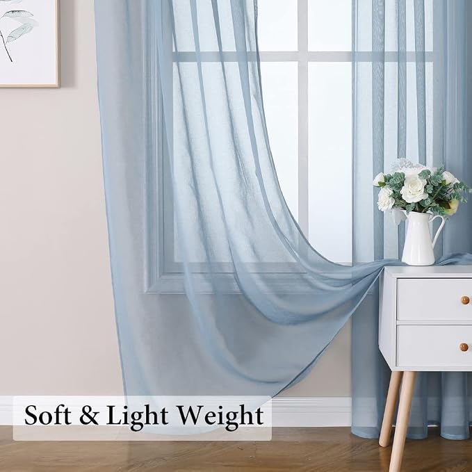 MIULEE Semi Transparent Dusty Blue Linen Textured Sheer Curtains 54W×72L | Semi Transparent, Farmhouse, Window Net Panels with Rod Pocket for Bedroom Living Room