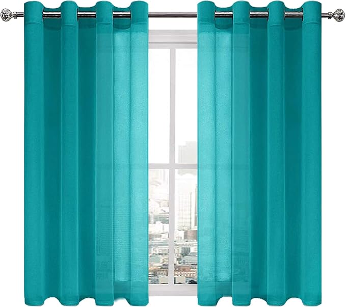 DWCN Turquoise Faux Linen Sheer Curtains - Grommet Voile Window Curtain Drapes for Bedroom Living Room 52 x 54 inch Length, Set of 2