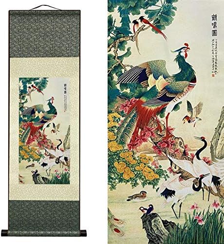 AtfArt Asian Wall Decor Beautiful Silk Scroll Painting Birds - A Hundred Birds Respect The Phoenix Oriental Decor Chinese Art Wall Scroll Wall Hanging Painting Scroll (36.2 x 12 in)