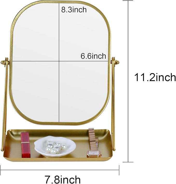 Tstarer 360 Degrees Rotating Metal Makeup Mirror with Storage (Gold) | Vanity Mirror for Desk, Bathroom, Bedroom, Dressing Table