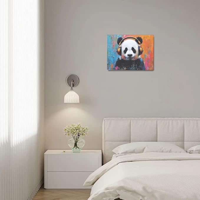 Crekviy Banksy Panda Wall Art Street Graffti Panda Wall Decor Funny Animal Canvas Prints Painting Artwork Decorations for Bathroom Bedroom Living Room Framed Gifts 12"x16"