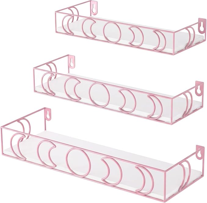 PHAREGE Moon Phase Floating Shelves White Pink, Set of 3