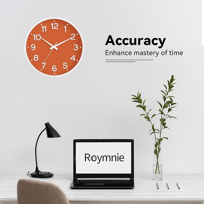 Roymnie 8 Inch Wall Clock, Battery Operated Silent Non Ticking Analog | Orange modern analog; large 3D easy-read dial for kitchen, office, bathroom & bedroom; 1 AA battery (not included)