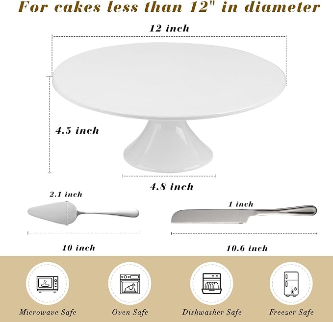 12 Inch White Porcelain Wedding Cake Stand with Knife and Server Set | Round Cake Plate Display Holder for Birthday, Baby Shower, Party Dessert Cupcake, Home Decorating Stand