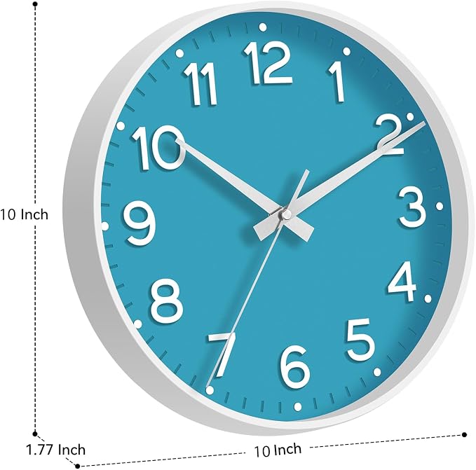 Roymnie 10 Inch Wall Clock Battery Operated Silent Non Ticking Analog | Blue modern analog; large 3D easy-read dial for kitchen, office, bathroom & bedroom; 1 AA battery (not included)