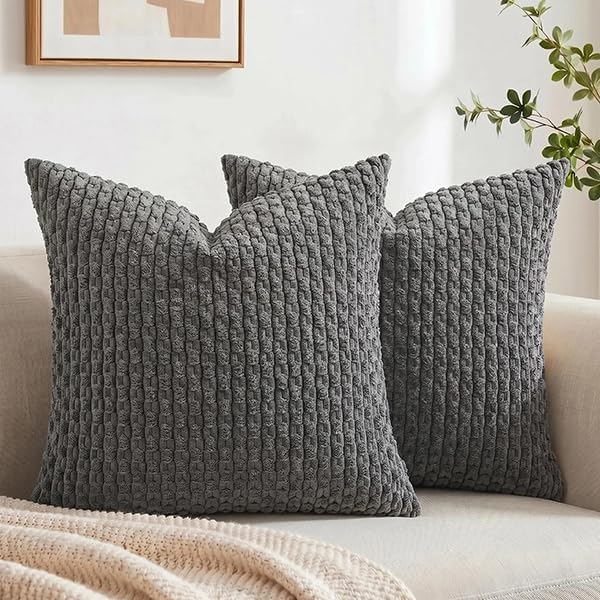 Fancy Homi 2 Packs Dark Gray Euro Decorative Throw Pillow Covers 26x26 Inch for Living Room Couch Bed Sofa, Rustic Farmhouse Boho Home Decor, Soft Striped Corduroy Grey Square Cushion Case 66x66 cm